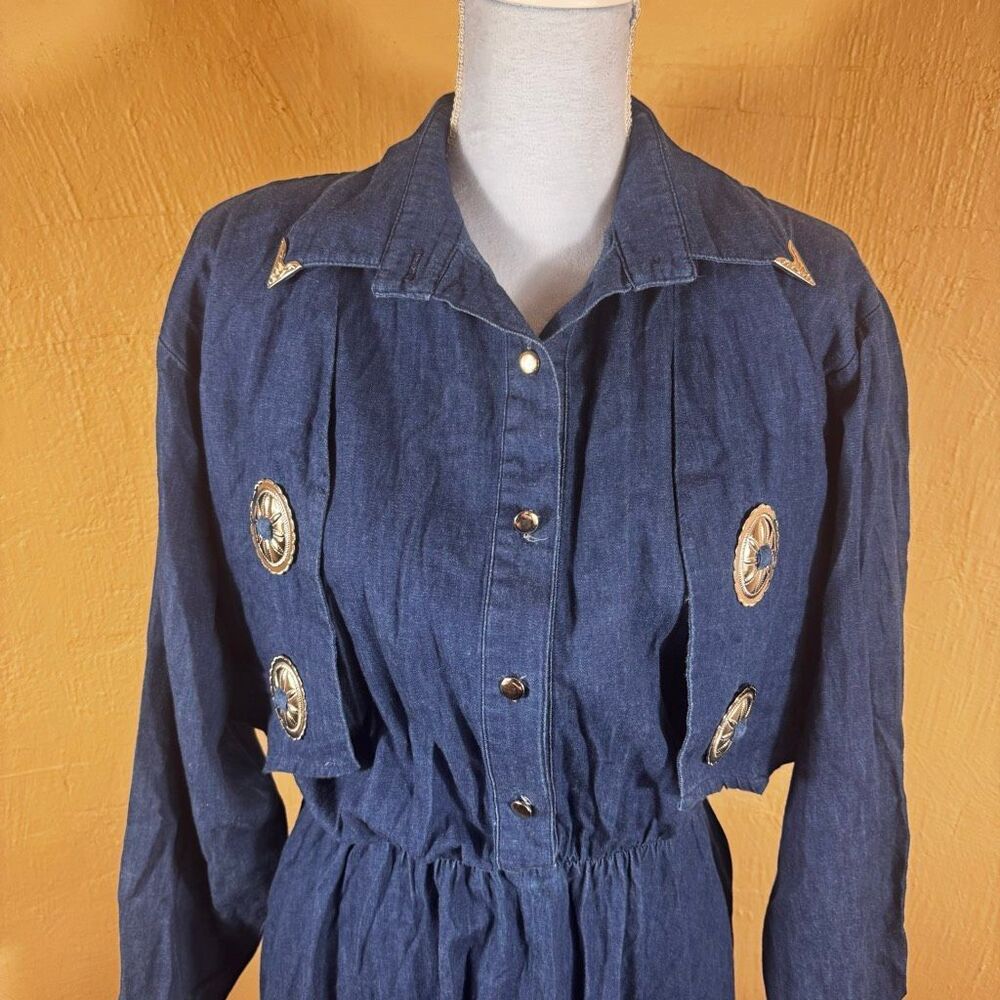 Sassa Ltd. Vintage 1980s Dark Wash Denim Western Dress – Silver Concho & Collar - Picture 3 of 8